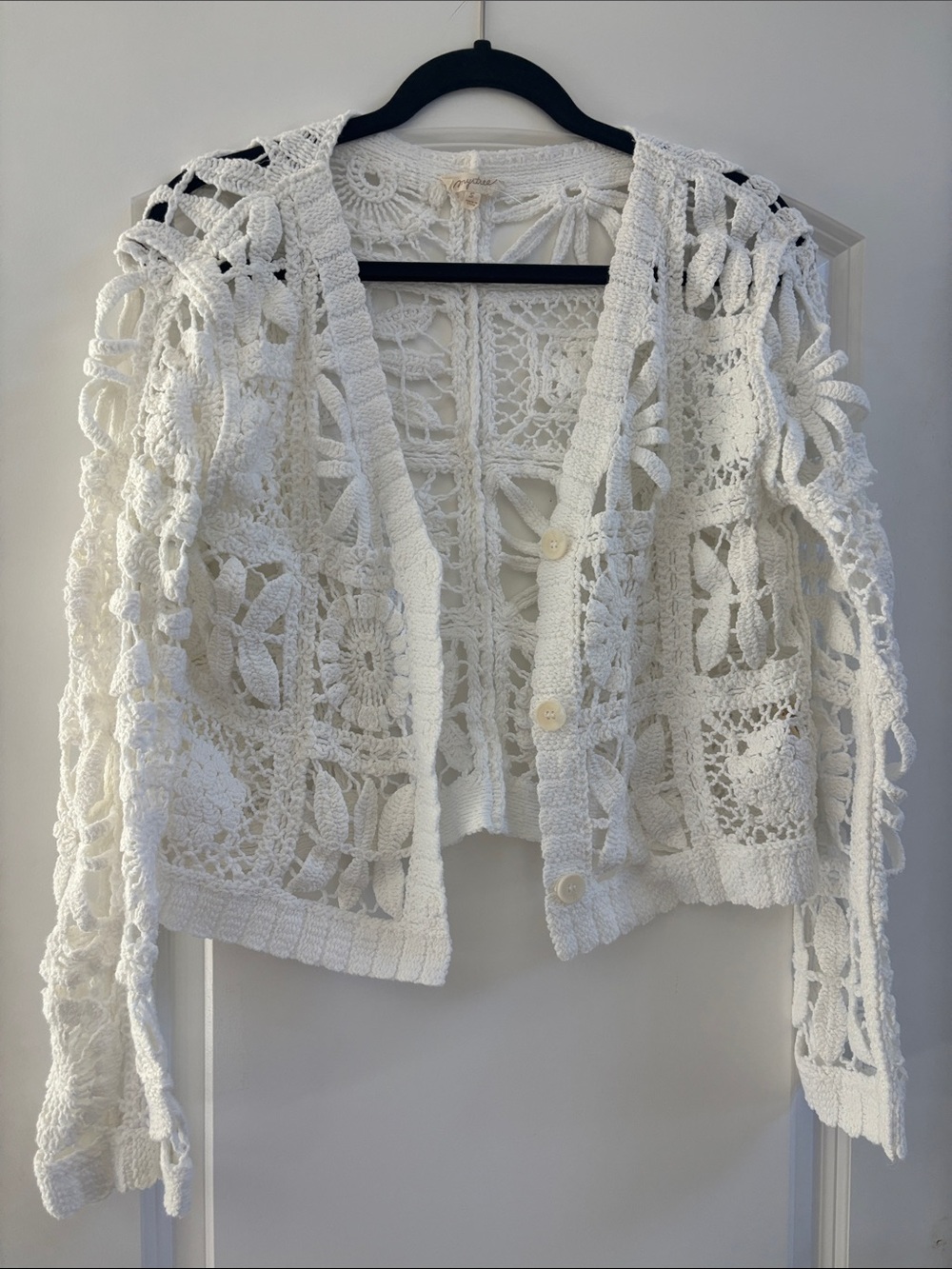 Mystree White Crochet Button-Front Cardigan